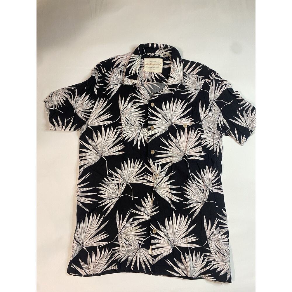 Weatherproof Vintage Mens Black White Tropical Palm Leaf Hawaiian Shirt Size L